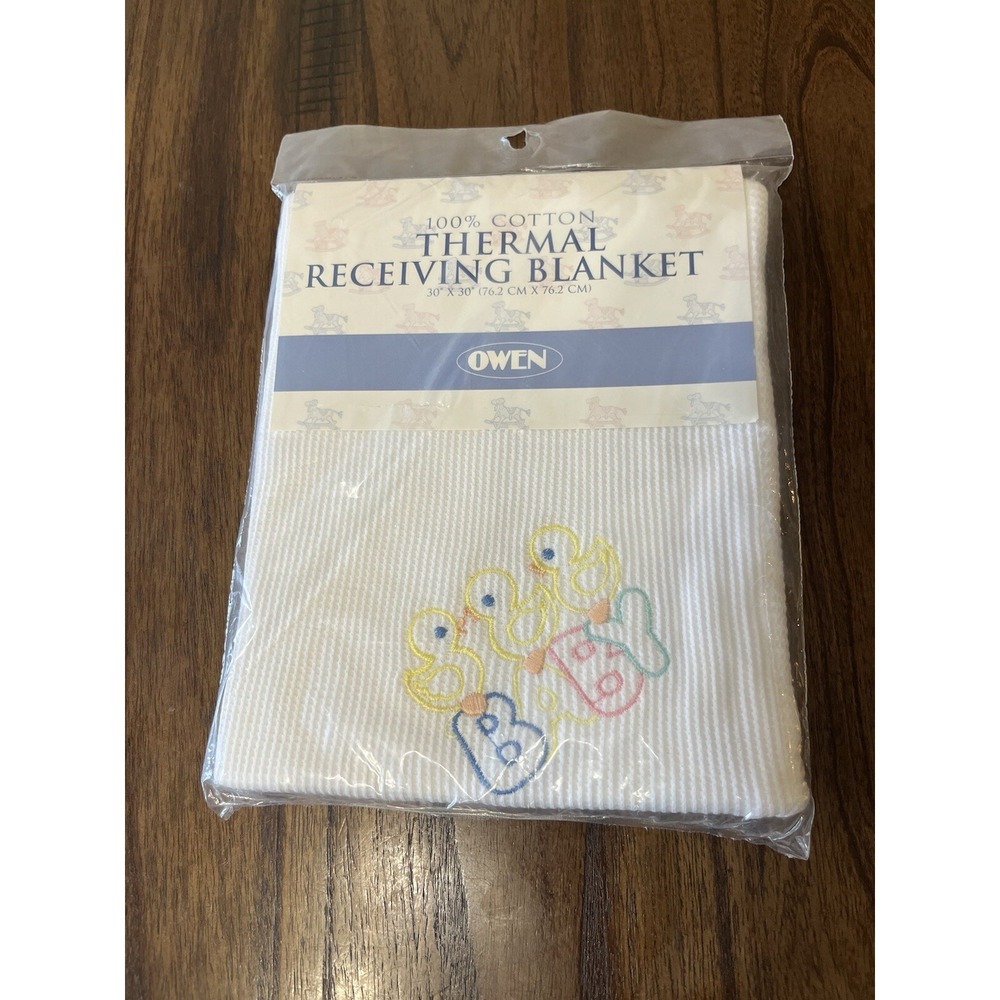 Vtg White Thermal Receiving Blanket With Yellow Ducks Owen Baby Security Blanket